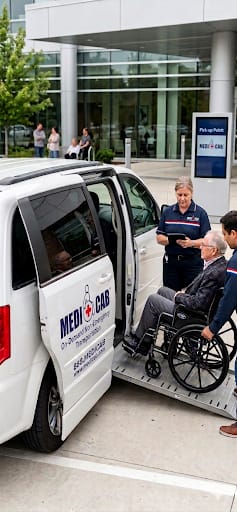 A MediCab attendant helping a senior passenger in a wheelchair board the van ramp at a medical-center pick-up point.