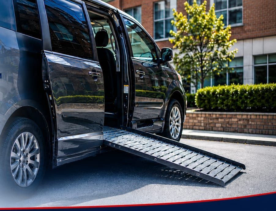 A black MediCab wheelchair-accessible van parked at the curb with its hydraulic ramp lowered, ready to board a passenger.