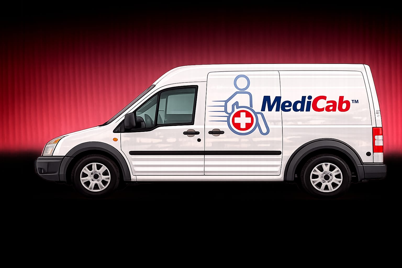 A white MediCab wheelchair-accessible van with the MediCab logo on the side panel.